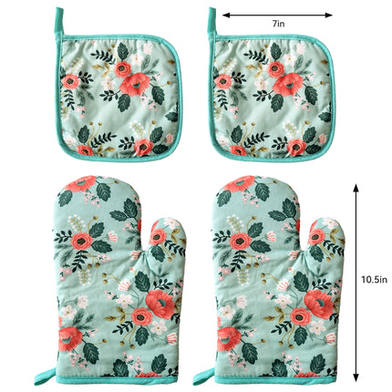 4 Pack Oven Mitts and Pot Holders Set, Heat Resistant Fabric Bake Pot Holders Gloves, Yellow Floral.