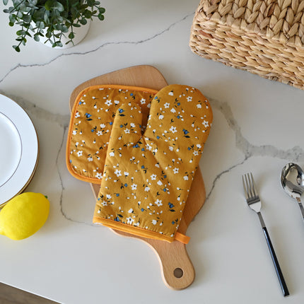 4 Pack Oven Mitts and Pot Holders Set, Heat Resistant Fabric Bake Pot Holders Gloves, Yellow Floral.