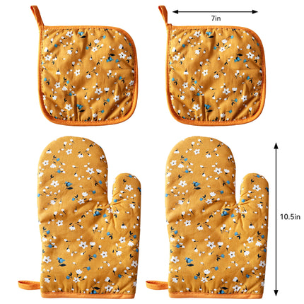 4 Pack Oven Mitts and Pot Holders Set, Heat Resistant Fabric Bake Pot Holders Gloves, Yellow Floral.