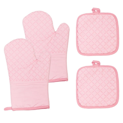 Oven Mitts and Pot Holders for Kitchen Heat Resistant - 4pcs Cotton Oven Gloves & Hot Pads with Non-Slip Silicone Grip Long Arm - Pink.