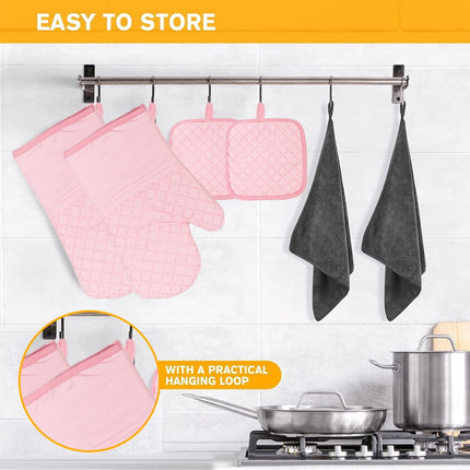 Oven Mitts and Pot Holders for Kitchen Heat Resistant - 4pcs Cotton Oven Gloves & Hot Pads with Non-Slip Silicone Grip Long Arm - Pink.