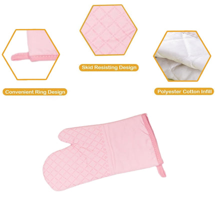 Oven Mitts and Pot Holders for Kitchen Heat Resistant - 4pcs Cotton Oven Gloves & Hot Pads with Non-Slip Silicone Grip Long Arm - Pink.