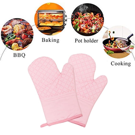 Oven Mitts and Pot Holders for Kitchen Heat Resistant - 4pcs Cotton Oven Gloves & Hot Pads with Non-Slip Silicone Grip Long Arm - Pink.