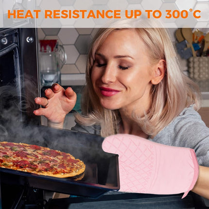 Oven Mitts and Pot Holders for Kitchen Heat Resistant - 4pcs Cotton Oven Gloves & Hot Pads with Non-Slip Silicone Grip Long Arm - Pink.