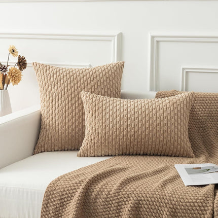 Holzlrgus Fall Set of 2 Striped Textured Velvet Corduroy Decorative Europe Sham Seasonal Autumn Throw Pillow Cushion Cover for Couch, (60x60 cm, 24inch), Burnt Brick 22 x 22-Inch Tan.