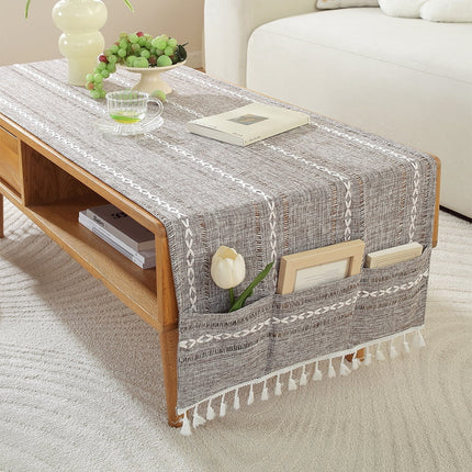 WCHUANG Coffee Table Cloth, Table Cover with Pockets and Tassel, Cotton Linen Rectangle Tablecloths Washer Dryer Fridge Top Dust Cover.