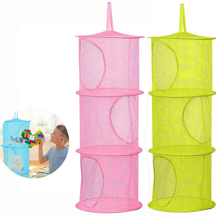 2 Pcs Hanging Mesh Stuffed Animal Storage Hammock Net, Foldable Toy Storage Organizer 3 Compartments Net for Stuffed Animals Corner for Boys, Girls, Gloves, Hats, Socks Pink-green.