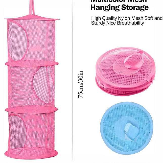 2 Pcs Hanging Mesh Stuffed Animal Storage Hammock Net, Foldable Toy Storage Organizer 3 Compartments Net for Stuffed Animals Corner for Boys, Girls, Gloves, Hats, Socks Pink-green.