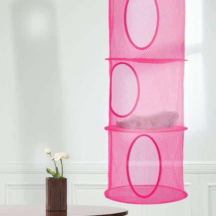 2 Pcs Hanging Mesh Stuffed Animal Storage Hammock Net, Foldable Toy Storage Organizer 3 Compartments Net for Stuffed Animals Corner for Boys, Girls, Gloves, Hats, Socks Pink-green.