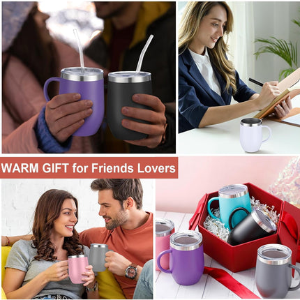 12oz Insulated Coffee Mug with Handle Stainless Steel Insulated Coffee Mug Double Wall Vacuum Travel Mug Tumbler Cup with Sliding Lid Travel Coffee Cup Thermal Cup Drak Pink.