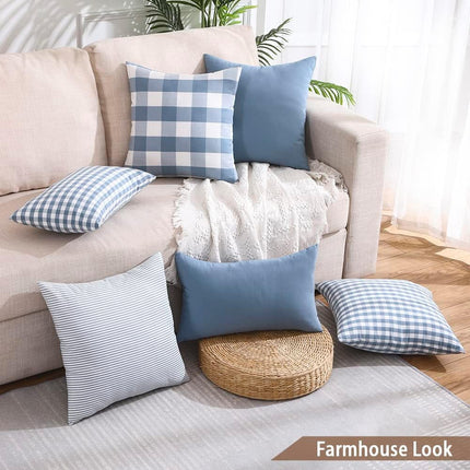 Light Blue Farmhouse Buffalo Plaid Pillow Covers 18x18 Set of 2 Patio Outdoor Decor Neutral Checkered Pillow Covers 18 x 18, Blue and White Gingham Pinstripe 18"x18", Set of 2 Greyish Blue.
