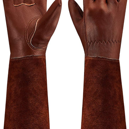 SUCCLACE Long-Gardening-Gloves for Women/Men - Thorn Proof Cowhide Leather Rose/Blackberry Pruning Heavy Duty Gloves Thick Palm Gauntlet Garden Work Gloves with Forearm Protection (Brown-Small) XL Brown.