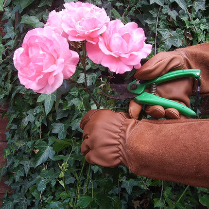 SUCCLACE Long-Gardening-Gloves for Women/Men - Thorn Proof Cowhide Leather Rose/Blackberry Pruning Heavy Duty Gloves Thick Palm Gauntlet Garden Work Gloves with Forearm Protection (Brown-Small) XL Brown.
