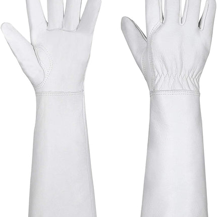 SUCCLACE Long-Gardening-Gloves for Women/Men - Thorn Proof Cowhide Leather Rose/Blackberry Pruning Heavy Duty Gloves Thick Palm Gauntlet Garden Work Gloves with Forearm Protection (Brown-Small) M White.