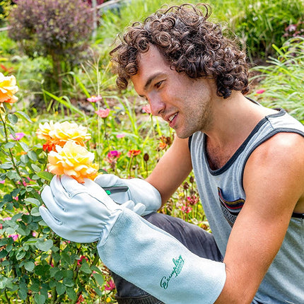 SUCCLACE Long-Gardening-Gloves for Women/Men - Thorn Proof Cowhide Leather Rose/Blackberry Pruning Heavy Duty Gloves Thick Palm Gauntlet Garden Work Gloves with Forearm Protection (Brown-Small) M White.