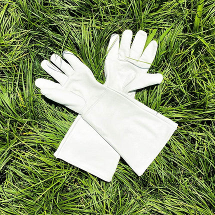 SUCCLACE Long-Gardening-Gloves for Women/Men - Thorn Proof Cowhide Leather Rose/Blackberry Pruning Heavy Duty Gloves Thick Palm Gauntlet Garden Work Gloves with Forearm Protection (Brown-Small) M White.