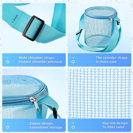Tutuviw 4Pcs Large Capacity Collecting Bag Cylindrical Mesh Beach Bag Beach Mesh Bag Toys Seashell Backpack with Adjustable Carrying Straps And Zipper for Toys Storage, Random Color.