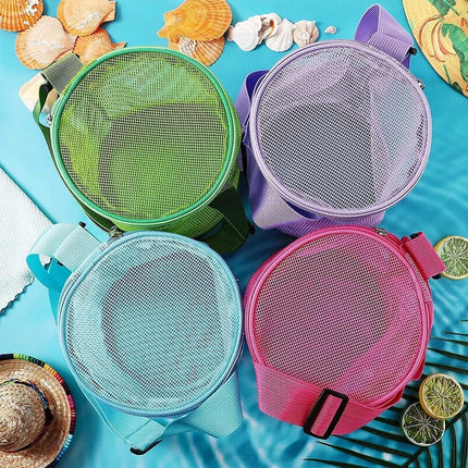 Tutuviw 4Pcs Large Capacity Collecting Bag Cylindrical Mesh Beach Bag Beach Mesh Bag Toys Seashell Backpack with Adjustable Carrying Straps And Zipper for Toys Storage, Random Color.