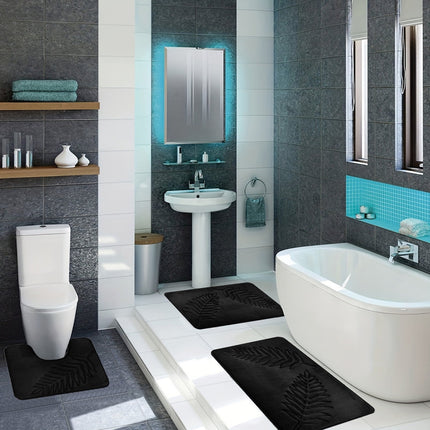 Summercome 3 Pcs Bathroom Rugs, Leaves Bath Mat Toilet Mats, Soft Comfortable Non-Slip Bathroom Rug Set, Bath Mats for Bathroom, Machine Washable Bath Mat Bathroom Rug Sets, 20x31.5in, Black 3pc Green.