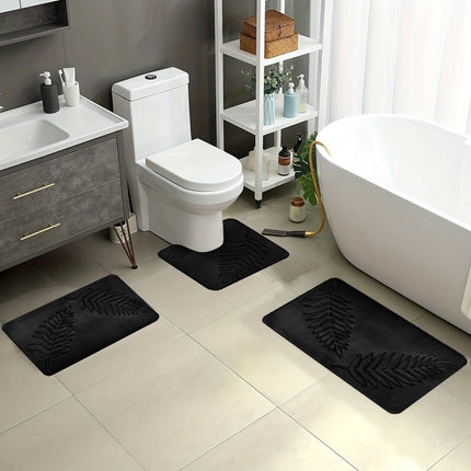 Summercome 3 Pcs Bathroom Rugs, Leaves Bath Mat Toilet Mats, Soft Comfortable Non-Slip Bathroom Rug Set, Bath Mats for Bathroom, Machine Washable Bath Mat Bathroom Rug Sets, 20x31.5in, Black 3pc Navy.
