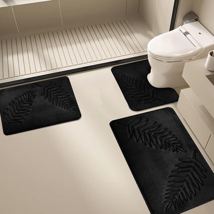 Summercome 3 Pcs Bathroom Rugs, Leaves Bath Mat Toilet Mats, Soft Comfortable Non-Slip Bathroom Rug Set, Bath Mats for Bathroom, Machine Washable Bath Mat Bathroom Rug Sets, 20x31.5in, Black 3pc Navy.