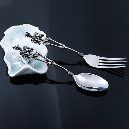 Darzheoy Stainless Steel Skeleton Skull Spoon and Fork Flatware Tableware Gifts for Halloween Easter and Christmas (Spoon) B.