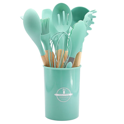 Chmadoxn 12 Pcs Silicone Cooking Kitchen Utensils Set with Holder, Wooden Handles Cooking Tool, Turner Pliers Spatula Spoon Kitchen Gadget Suit for Non-Stick Cookware, Women's Gifts 13×4 in Purple.