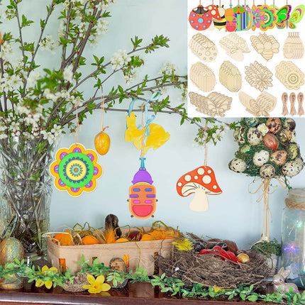 Darzheoy 60Pcs Wood Cutouts Ornaments for Crafts Butterfly Flower Unfinished Wooden Slices DIY Paint Crafts Blank Hanging Embellishment for Painting Spring Holiday Party Supplies Beige.