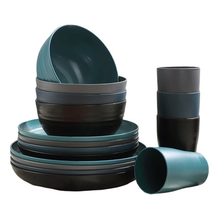 Darzheoy 16 Pieces Kitchen Dinnerware Set, Service for 8, Dinner Plates, Dessert Plate, Cereal Bowls, Cups, Colorful Plastic Outdoor Camping Dishes Green.