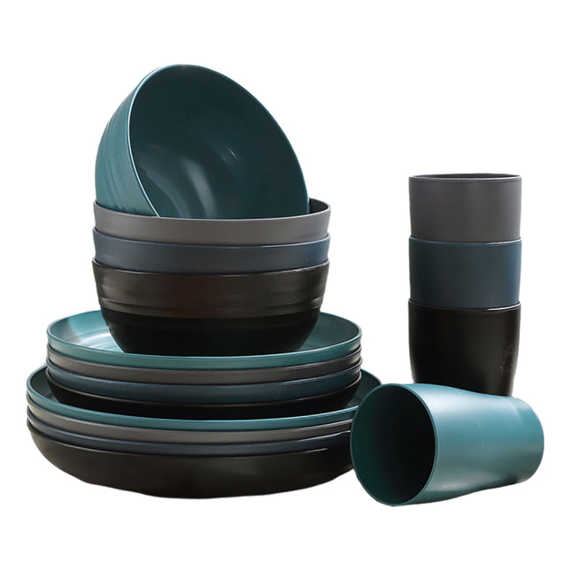Darzheoy 16 Pieces Kitchen Dinnerware Set, Service for 8, Dinner Plates, Dessert Plate, Cereal Bowls, Cups, Colorful Plastic Outdoor Camping Dishes Green.
