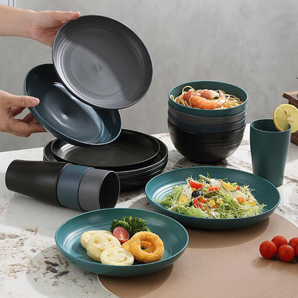 Darzheoy 16 Pieces Kitchen Dinnerware Set, Service for 8, Dinner Plates, Dessert Plate, Cereal Bowls, Cups, Colorful Plastic Outdoor Camping Dishes Green.