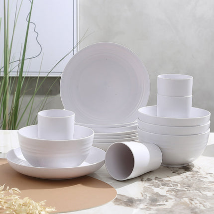 Darzheoy 16 Pieces Kitchen Dinnerware Set, Service for 8, Dinner Plates, Dessert Plate, Cereal Bowls, Cups, Colorful Plastic Outdoor Camping Dishes White.