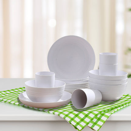 Darzheoy 16 Pieces Kitchen Dinnerware Set, Service for 8, Dinner Plates, Dessert Plate, Cereal Bowls, Cups, Colorful Plastic Outdoor Camping Dishes White.