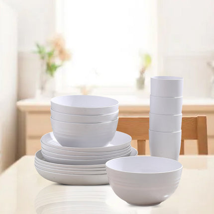 Darzheoy 16 Pieces Kitchen Dinnerware Set, Service for 8, Dinner Plates, Dessert Plate, Cereal Bowls, Cups, Colorful Plastic Outdoor Camping Dishes White.