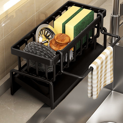 Darzheoy Sponge Holder for Kitchen Sink, Auto Draining Kitchen Sink Caddy, Rustproof Steel Dish Sponge Organizer with Removable Dishcloth Rack, Soap Dispenser Brush Holder Black.