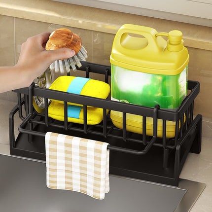 Darzheoy Sponge Holder for Kitchen Sink, Auto Draining Kitchen Sink Caddy, Rustproof Steel Dish Sponge Organizer with Removable Dishcloth Rack, Soap Dispenser Brush Holder Black.
