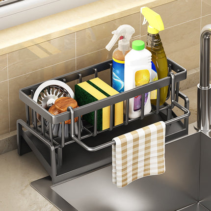 Darzheoy Sponge Holder for Kitchen Sink, Auto Draining Kitchen Sink Caddy, Rustproof Steel Dish Sponge Organizer with Removable Dishcloth Rack, Soap Dispenser Brush Holder Gray.