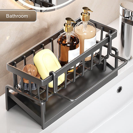 Darzheoy Sponge Holder for Kitchen Sink, Auto Draining Kitchen Sink Caddy, Rustproof Steel Dish Sponge Organizer with Removable Dishcloth Rack, Soap Dispenser Brush Holder Gray.
