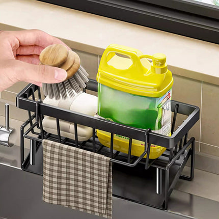 Darzheoy Sponge Holder for Kitchen Sink, Auto Draining Kitchen Sink Caddy, Rustproof Steel Dish Sponge Organizer with Removable Dishcloth Rack, Soap Dispenser Brush Holder X-Black.