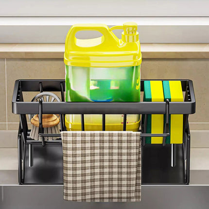 Darzheoy Sponge Holder for Kitchen Sink, Auto Draining Kitchen Sink Caddy, Rustproof Steel Dish Sponge Organizer with Removable Dishcloth Rack, Soap Dispenser Brush Holder X-Black.