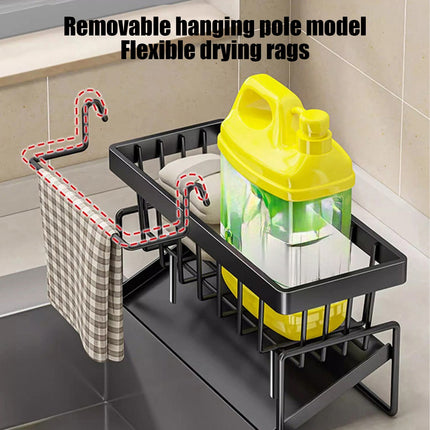 Darzheoy Sponge Holder for Kitchen Sink, Auto Draining Kitchen Sink Caddy, Rustproof Steel Dish Sponge Organizer with Removable Dishcloth Rack, Soap Dispenser Brush Holder X-Black.