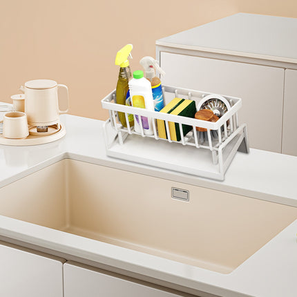 Darzheoy Sponge Holder for Kitchen Sink, Auto Draining Kitchen Sink Caddy, Rustproof Steel Dish Sponge Organizer with Removable Dishcloth Rack, Soap Dispenser Brush Holder X-White.
