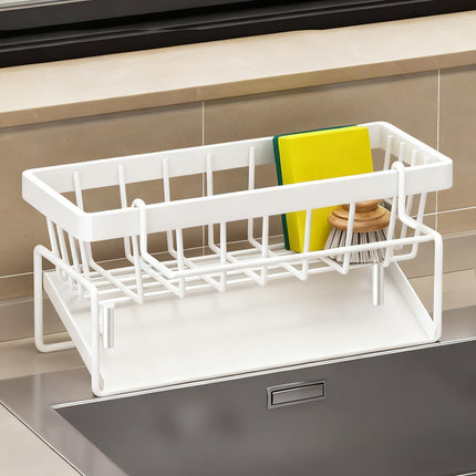 Darzheoy Sponge Holder for Kitchen Sink, Auto Draining Kitchen Sink Caddy, Rustproof Steel Dish Sponge Organizer with Removable Dishcloth Rack, Soap Dispenser Brush Holder X-White.
