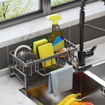 Kdkad Kitchen Sink Sponge Holder, Sponge Holder Kitchen Sink Caddy Organizer with Dish Brush Holder, Rustproof Stainless Steel Sink Sponge Holder with Auto-Draining Tray A.