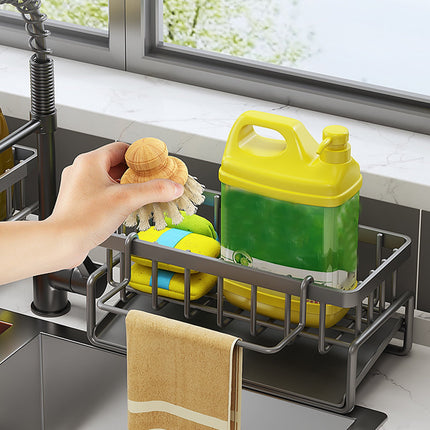 Kdkad Kitchen Sink Sponge Holder, Sponge Holder Kitchen Sink Caddy Organizer with Dish Brush Holder, Rustproof Stainless Steel Sink Sponge Holder with Auto-Draining Tray A.