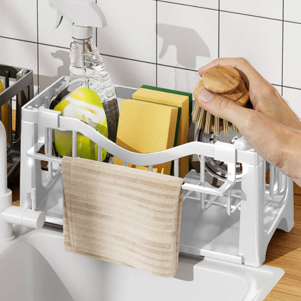 Kdkad Kitchen Sink Sponge Holder, Sponge Holder Kitchen Sink Caddy Organizer with Dish Brush Holder, Rustproof Stainless Steel Sink Sponge Holder with Auto-Draining Tray C.