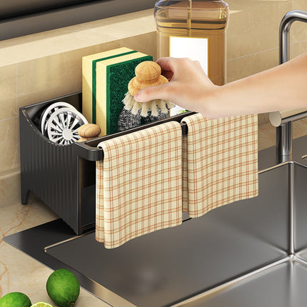 Kdkad Kitchen Sink Sponge Holder, Sponge Holder Kitchen Sink Caddy Organizer with Dish Brush Holder, Rustproof Stainless Steel Sink Sponge Holder with Auto-Draining Tray E.