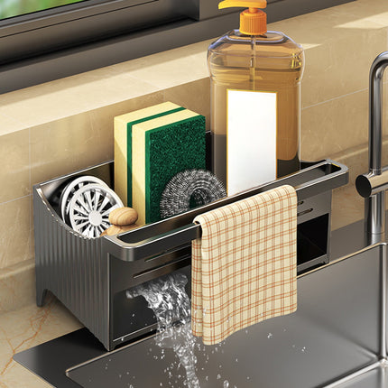 Kdkad Kitchen Sink Sponge Holder, Sponge Holder Kitchen Sink Caddy Organizer with Dish Brush Holder, Rustproof Stainless Steel Sink Sponge Holder with Auto-Draining Tray F.