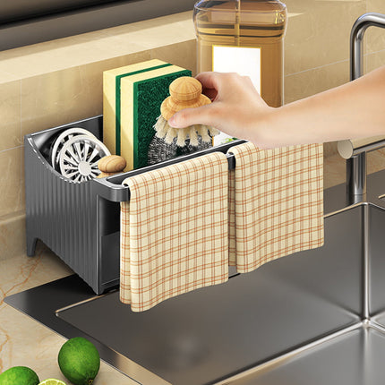 Kdkad Kitchen Sink Sponge Holder, Sponge Holder Kitchen Sink Caddy Organizer with Dish Brush Holder, Rustproof Stainless Steel Sink Sponge Holder with Auto-Draining Tray F.