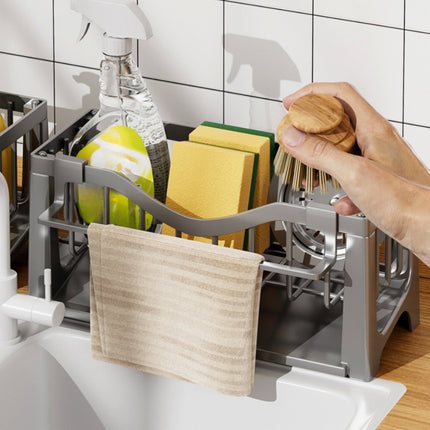 Kdkad Kitchen Sink Sponge Holder, Sponge Holder Kitchen Sink Caddy Organizer with Dish Brush Holder, Rustproof Stainless Steel Sink Sponge Holder with Auto-Draining Tray K.